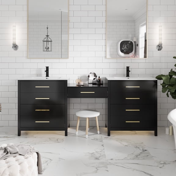 Eclife 84-inch Black Double Sink Bathroom Vanity with Makeup Countertop