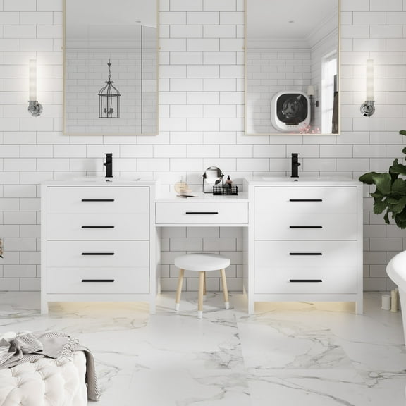 Eclife 84-Inch White Double Sink Bathroom Vanity with Makeup Countertop