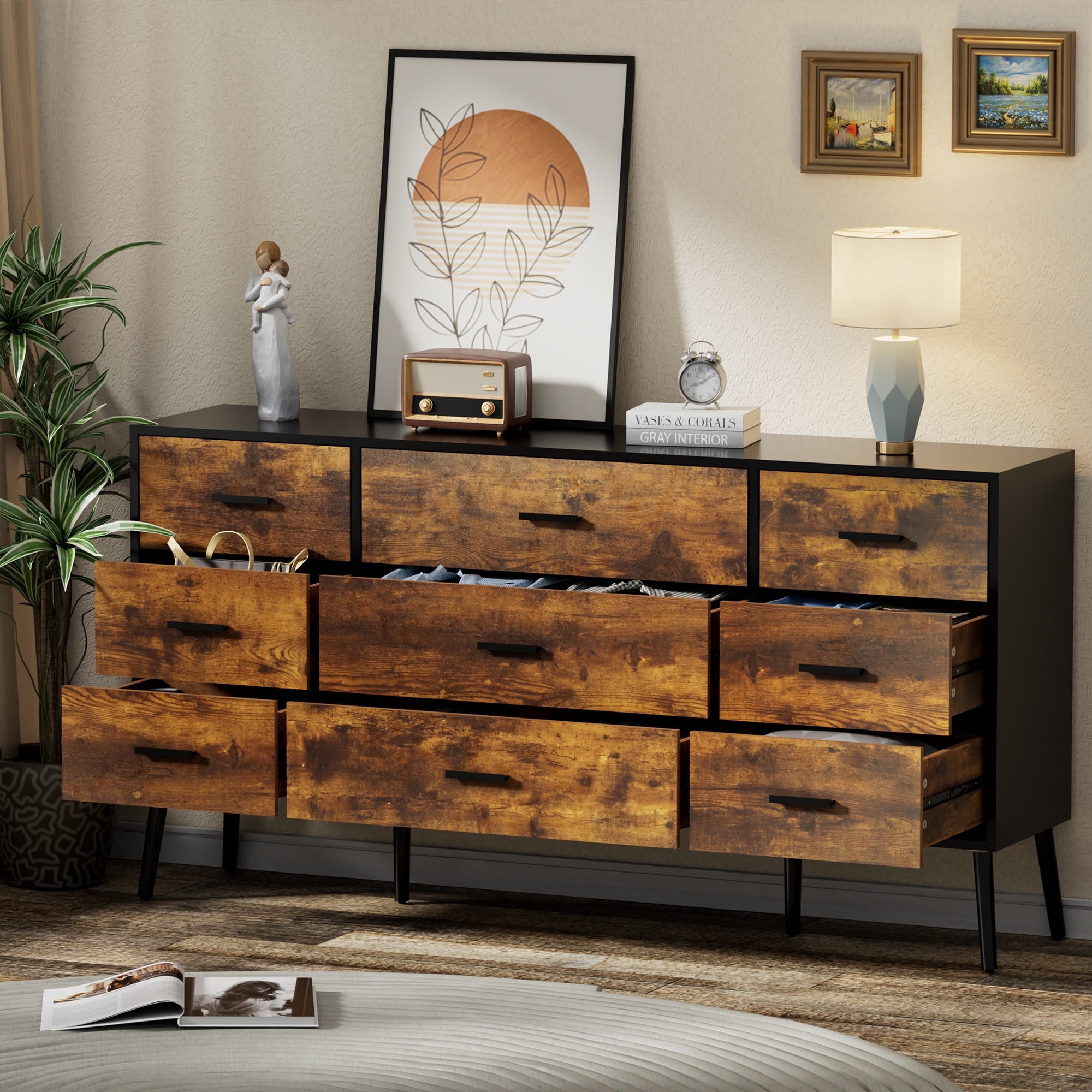 Eclife 9-Drawers Dressers for Bedroom Rustic Brown Distressed Wood Chests of Drawers Farmhouse Adult