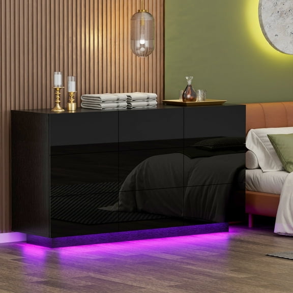 Eclife 9 Wood Chest of Drawer Dressers 55" with Colorful Led Lights for Bedroom Living Room Adult, Black