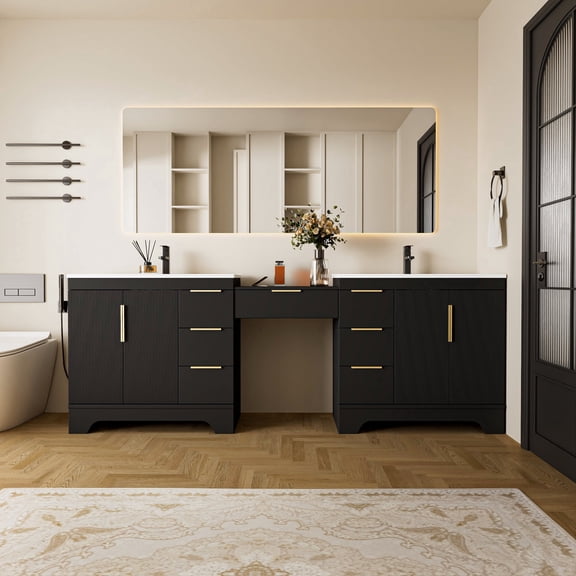 Eclife 96'' Bathroom Vanity with Double Integrated Sink, Wall-Mounted Makeup Table, Soft-Close Doors