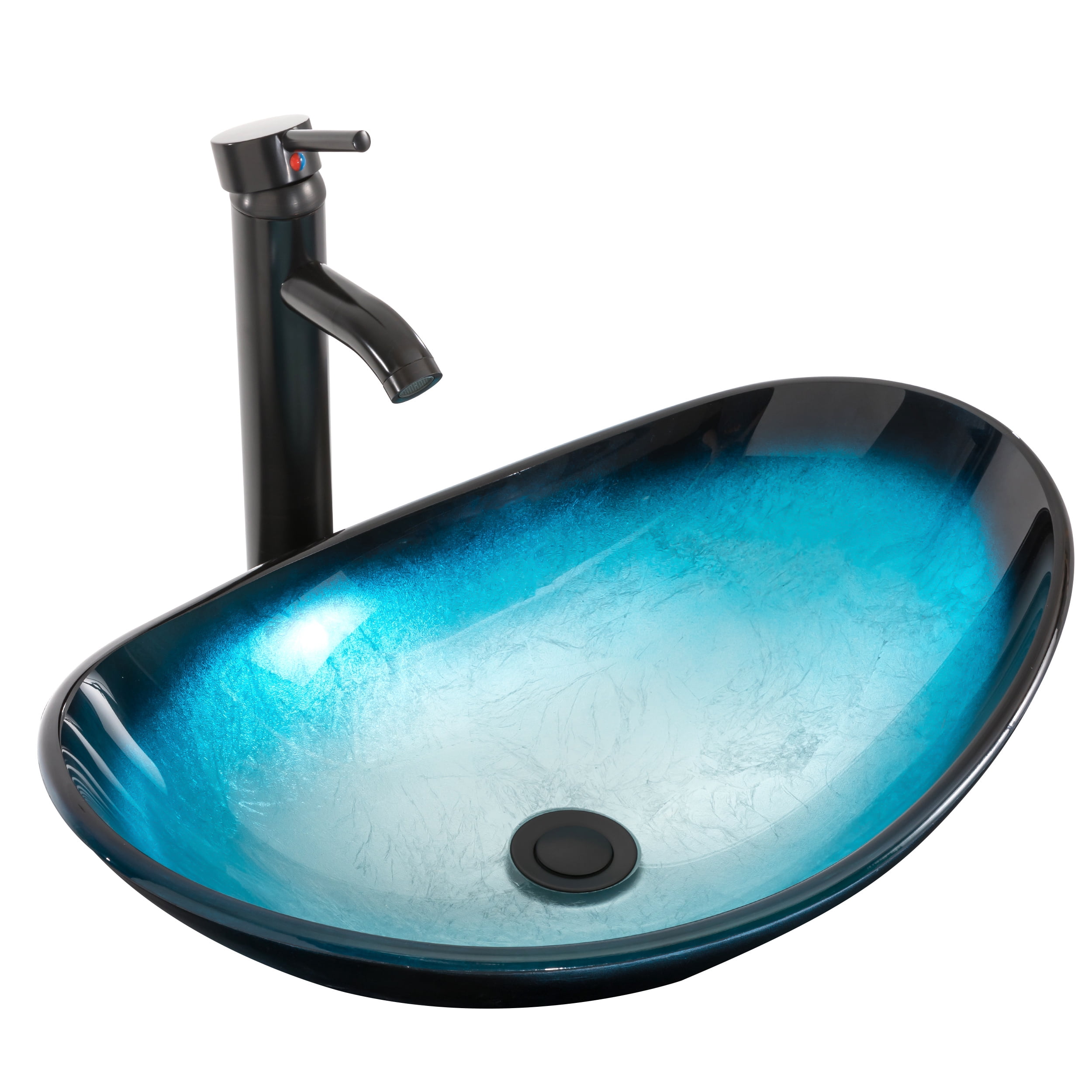 Eclife Bathroom Vessel Sink Set, Blue Glass Boat Basin Bowl with Oil
