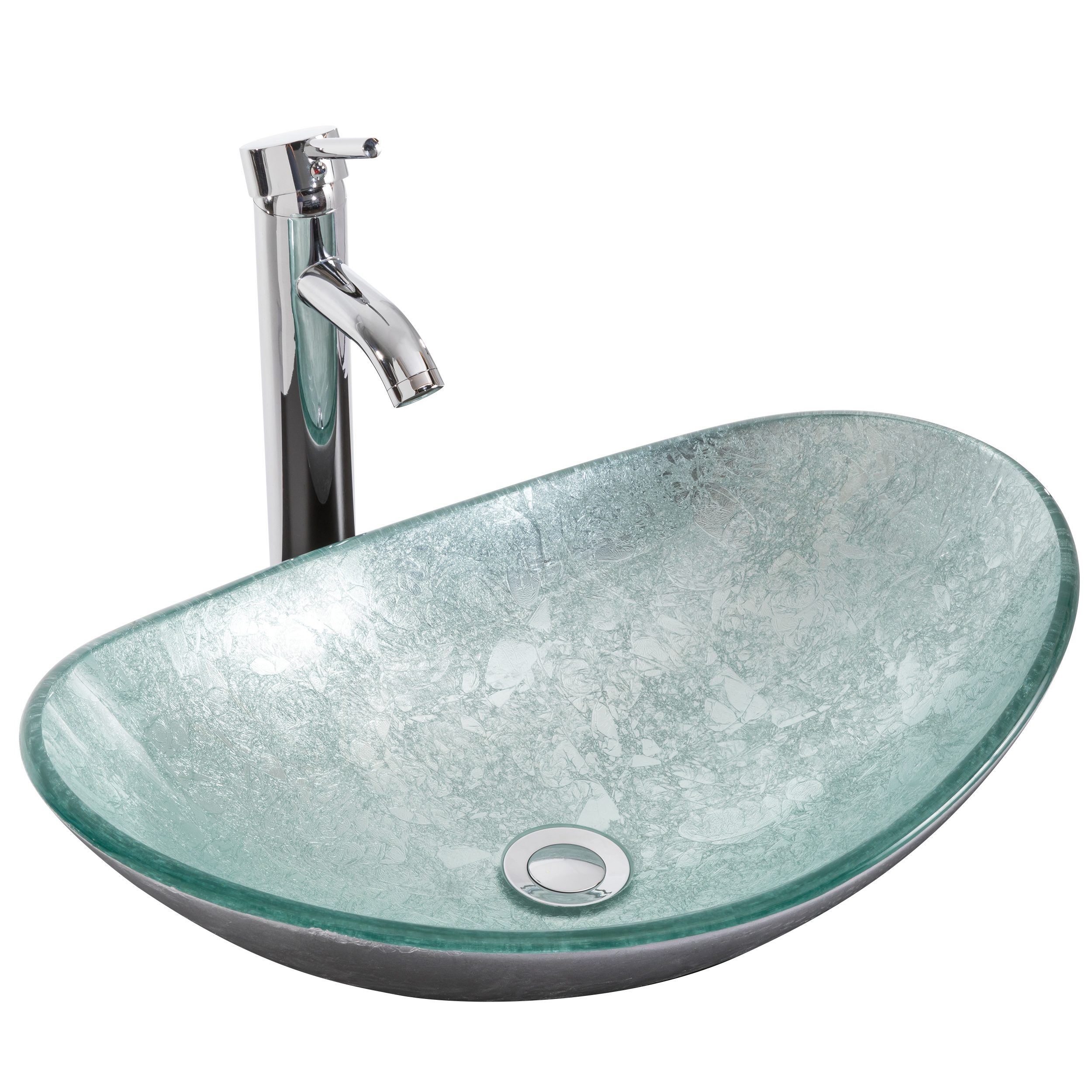 Eclife Bathroom Vessel Sink Set, Silver Glass Boat Basin Bowl with Oil