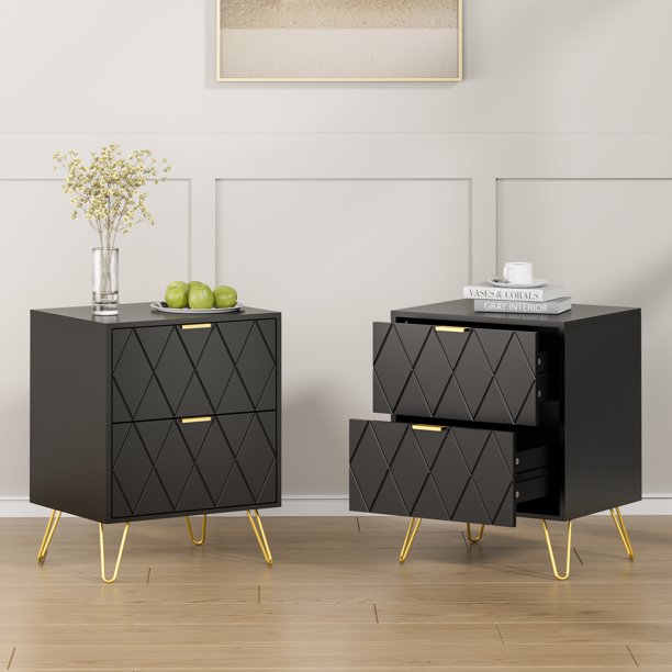 Eclife Black Nightstand End Table 2 Drawers Dressers Modern Mid Century
