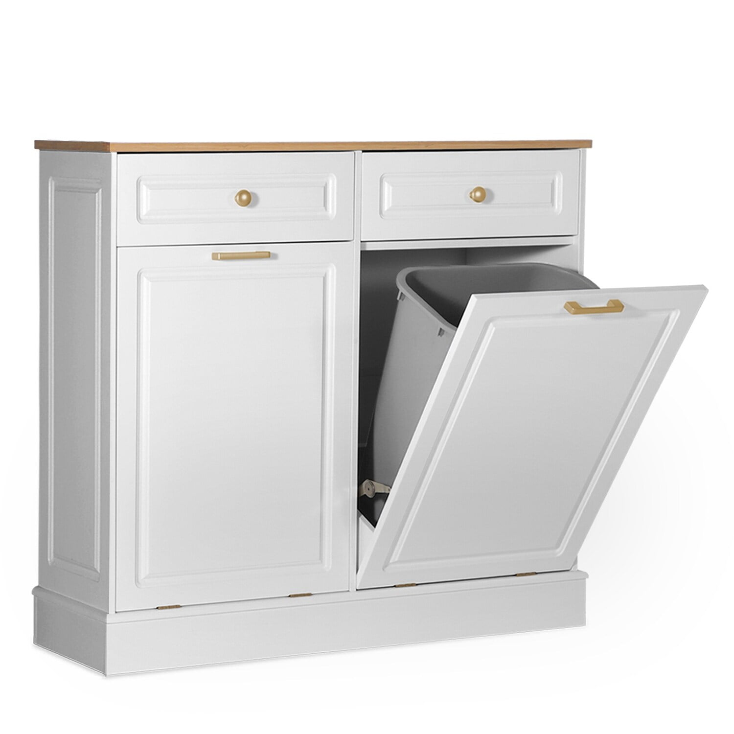 White Double Tilt Out Trash Cabinet with Bamboo Top