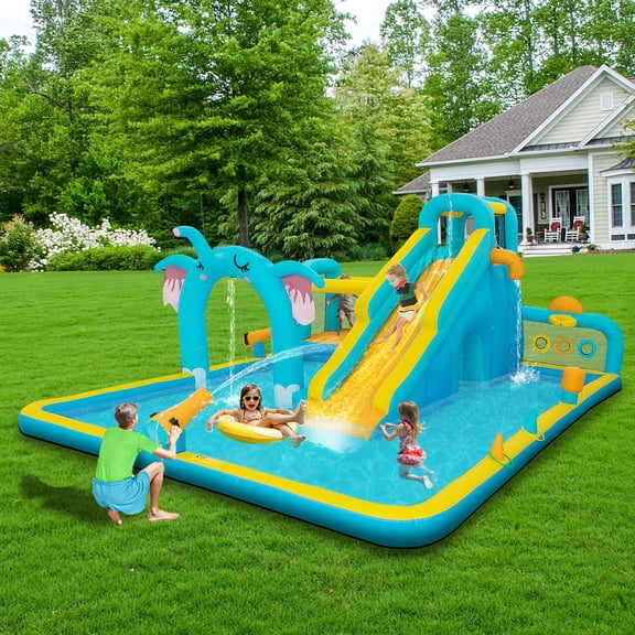 Eclife Elephant Theme Outdoor Inflatable Water Slides Bounce House for Kids 8-12 Years with Splash Pool, Climbing Wall, Air Blower, 1-Count