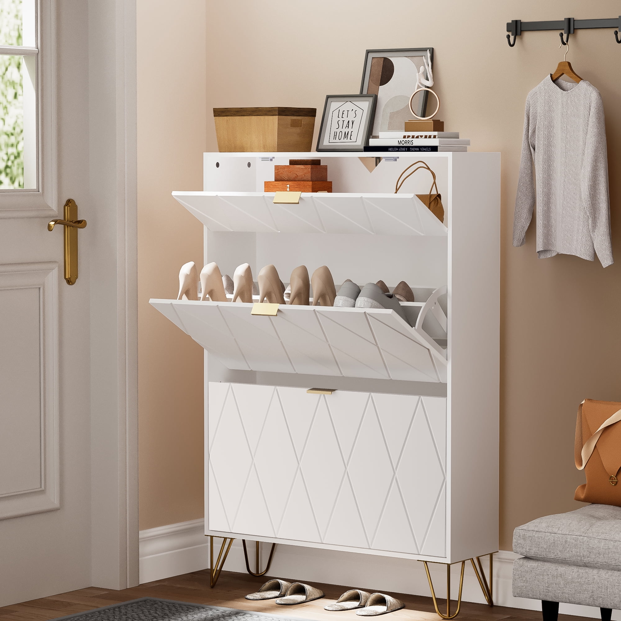 Eclife Entryway Furniture Shoe Cabinet Flip Down Drawers, Slim Tall Shoe  Rack Storage Organizer, White, 32W x 9D x 47H 
