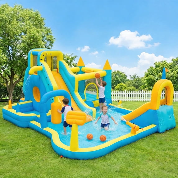 Eclife Inflatable Bounce House Water Slide with Blower, Backyard Water Park Combo with Slides, Splash Pool, Climbing Wall, Obstacle Course, Jumping Area for Indoor Outdoor