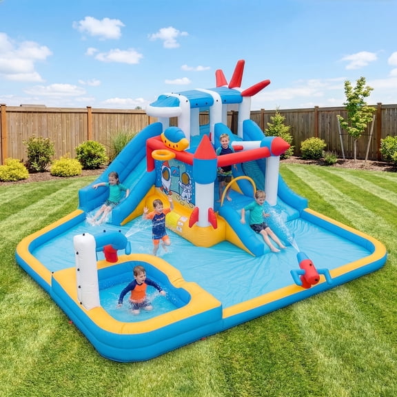 Eclife Inflatable Bounce House Water Slide with Blower, Backyard Water Park Combo with Slides, Splash Pool, Climbing Wall, Obstacle Course, Jumping Area for Indoor Outdoor