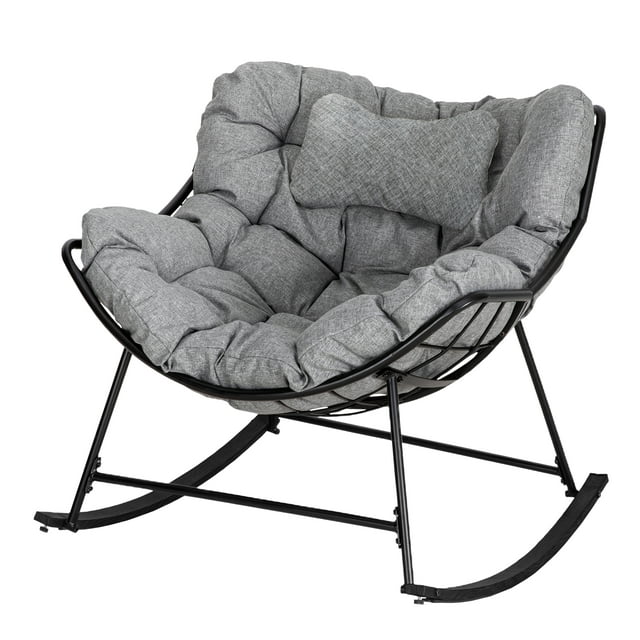 Eclife Metal Patio Rocking Chair Egg Shaped Lounge Rocker Bistro Chair Set with Gray Thick Fabric Cushion and Pillow for Indoor Outdoor Garden Balcony