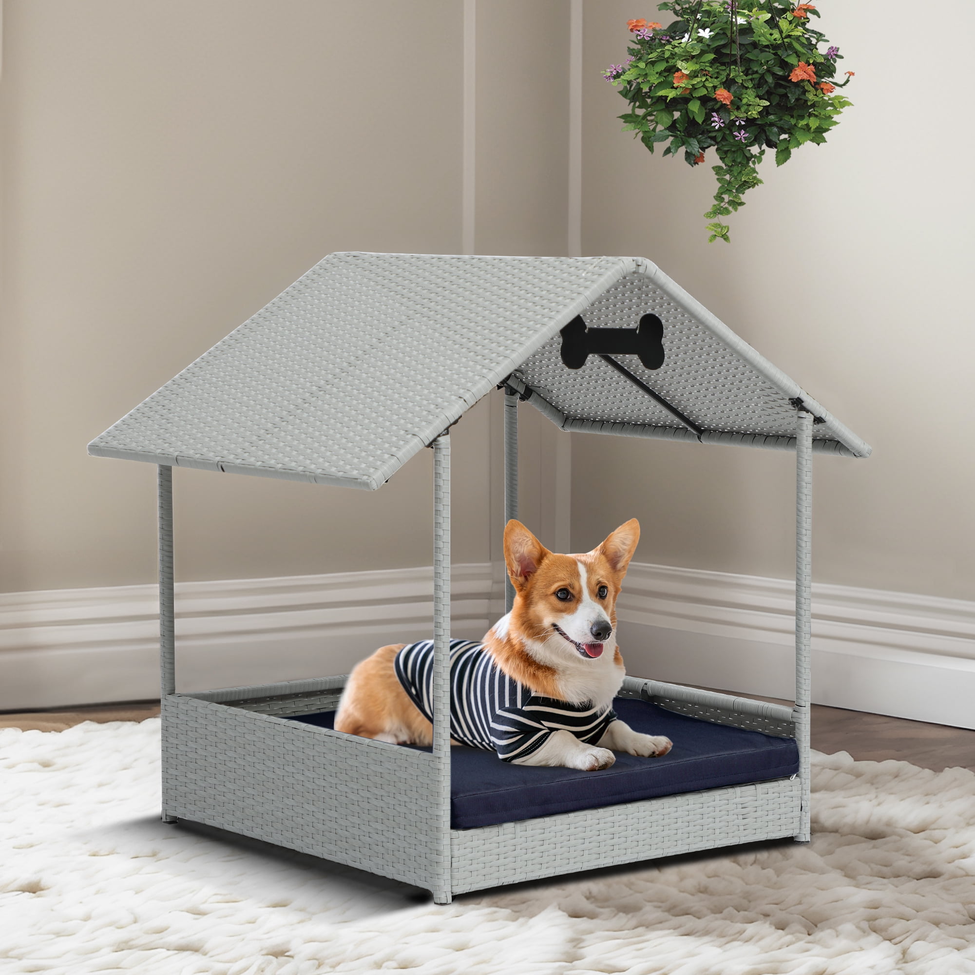 Eclife Rattan Dog House Wicker Raised Dog Bed for Indoor Outdoor with
