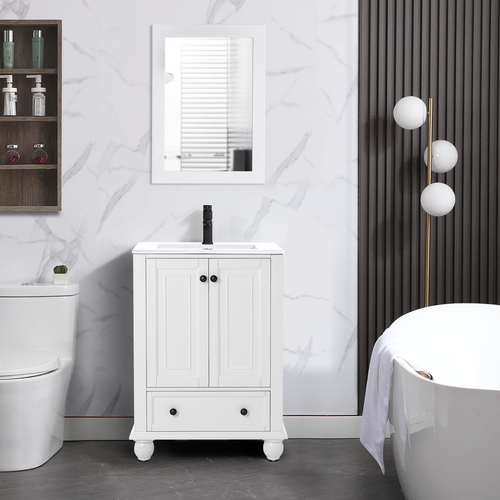 Eclife Retro 24" Bathroom Vanity Cabinet Classic with Ceramic Undermount Sink, Matt White