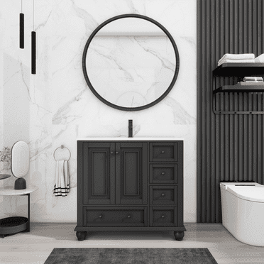 Eclife Retro 36" Bathroom Vanity Cabinet Classic with Ceramic Undermount Sink Top, Matt Gray Paint