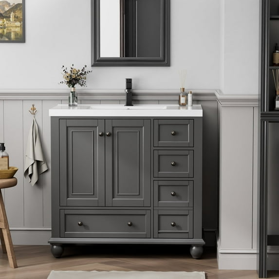 Eclife 36" Mid Century Modern Bathroom Vanity Cabinet Classic with Integrated Sink Top, Painted Gray