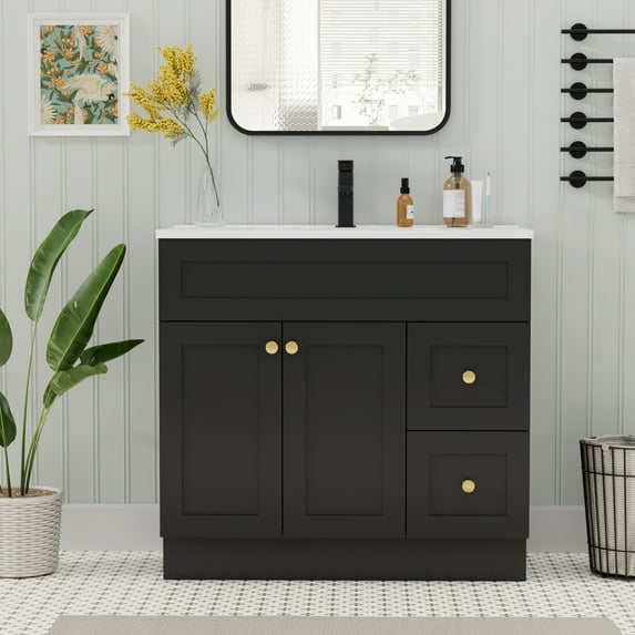 Eclife Retro 36" Bathroom Vanity Cabinet with Integrated Sink Top, Matt Black Paint