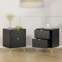 Eclife Set of 2 Black Nightstand End Table 2 Drawers Dressers Modern Mid Century Accent Bedside Tables Stand Wood with Gold Handle Legs for Makeup Bedroom Living Room