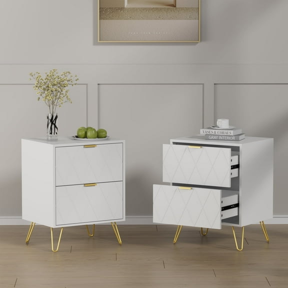 Eclife Set of 2 Modern White Nightstand Bedside Table with Gold Handle Leg Line End Table Side Table for Bedroom Living Room