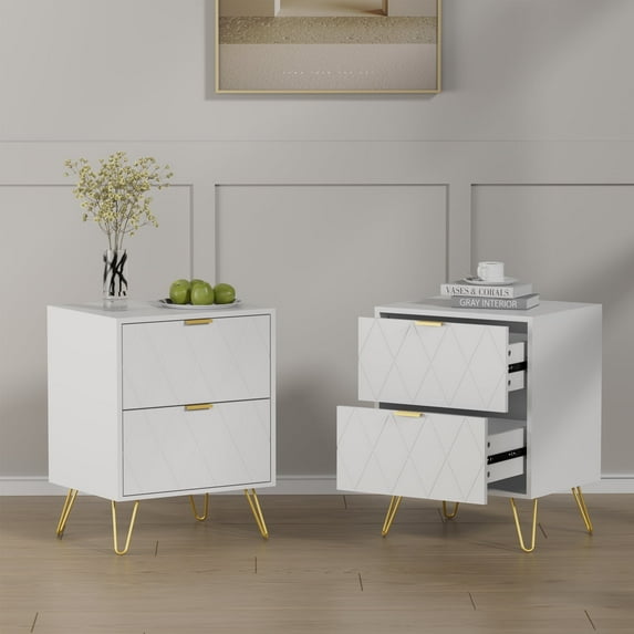 Eclife Set of 2 Modern White Nightstand Bedside Table with Gold Handle Leg Line End Table Side Table for Bedroom Living Room