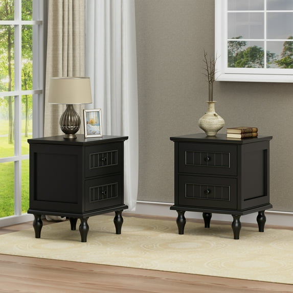 Eclife Set of 2 Nightstand 2 Drawers Wood Mid-Century Modern Bedside Table for Adult Bedroom, Retro Black