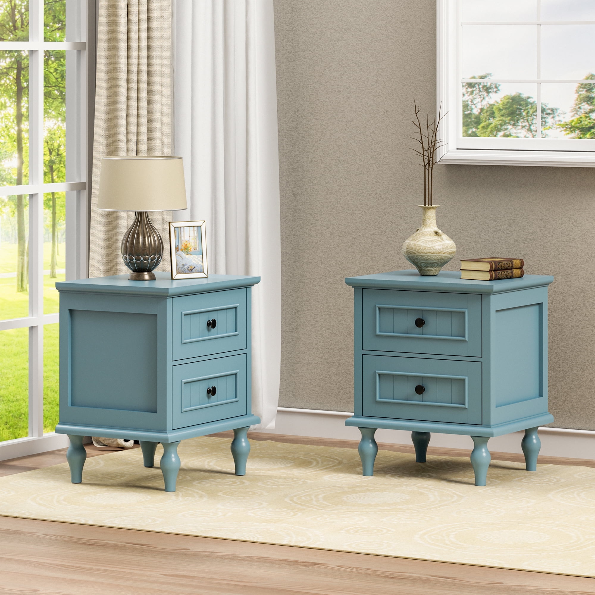 Blue MDF and Wood 2-Drawer Mid-Century Modern Nightstand Set