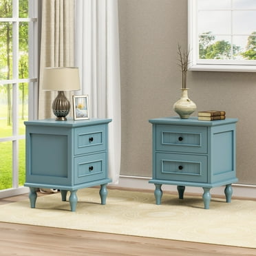 Eclife Set of 2 Nightstand 2 Drawers Wood Mid-Century Modern for Adult Bedroom, Retro Blue