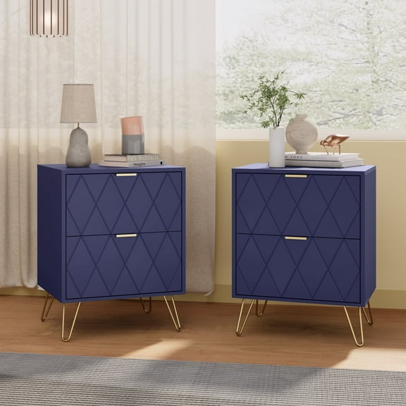 Eclife Set of 2 Nightstands Gold Handles Legs End Table for Bedroom Home Adult Kids, Navy Blue