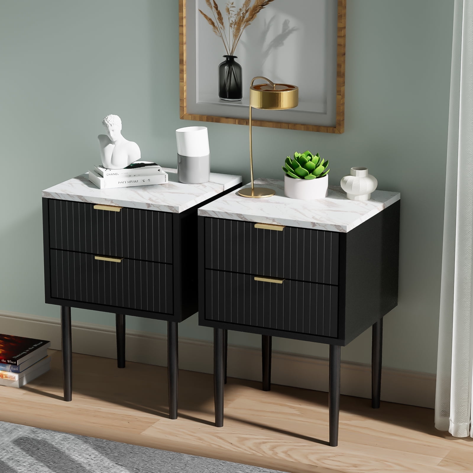 Eclife Set of 2 Nightstands Gold Handles Marble Top for Bedroom Adult Kids, Black