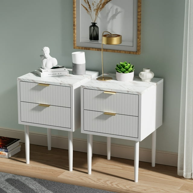 Eclife Set of 2 Nightstands Gold Handles Marble Top for Bedroom Adult