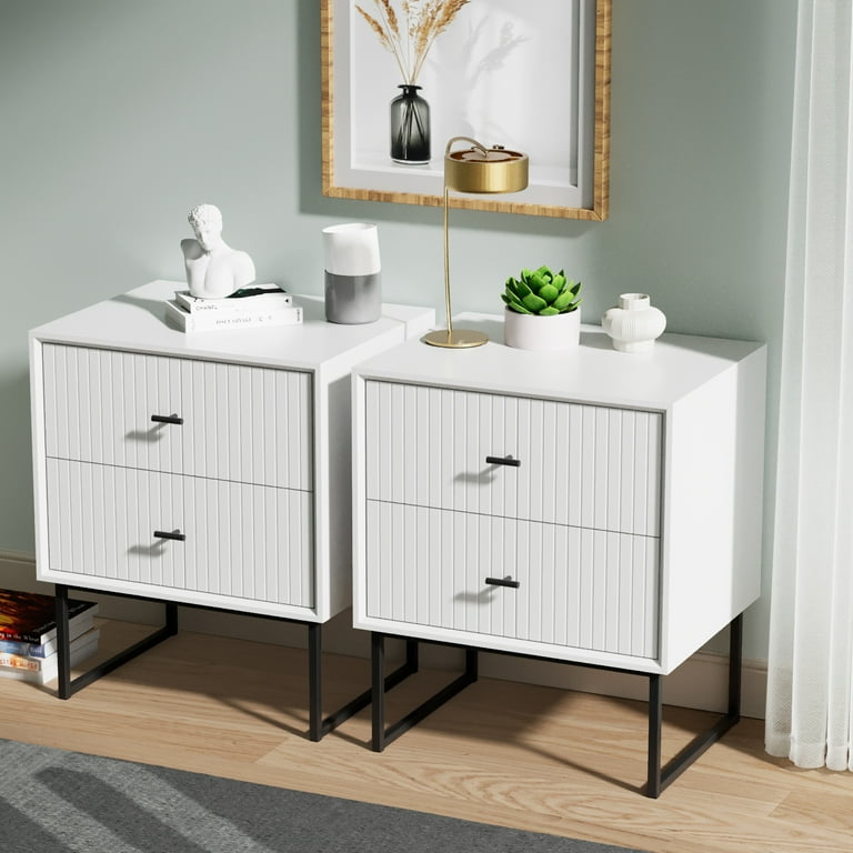 Eclife Set of 2 Nightstands for Bedroom Sturdy Wide Wood bedside table Black Handles and Legs Adult White