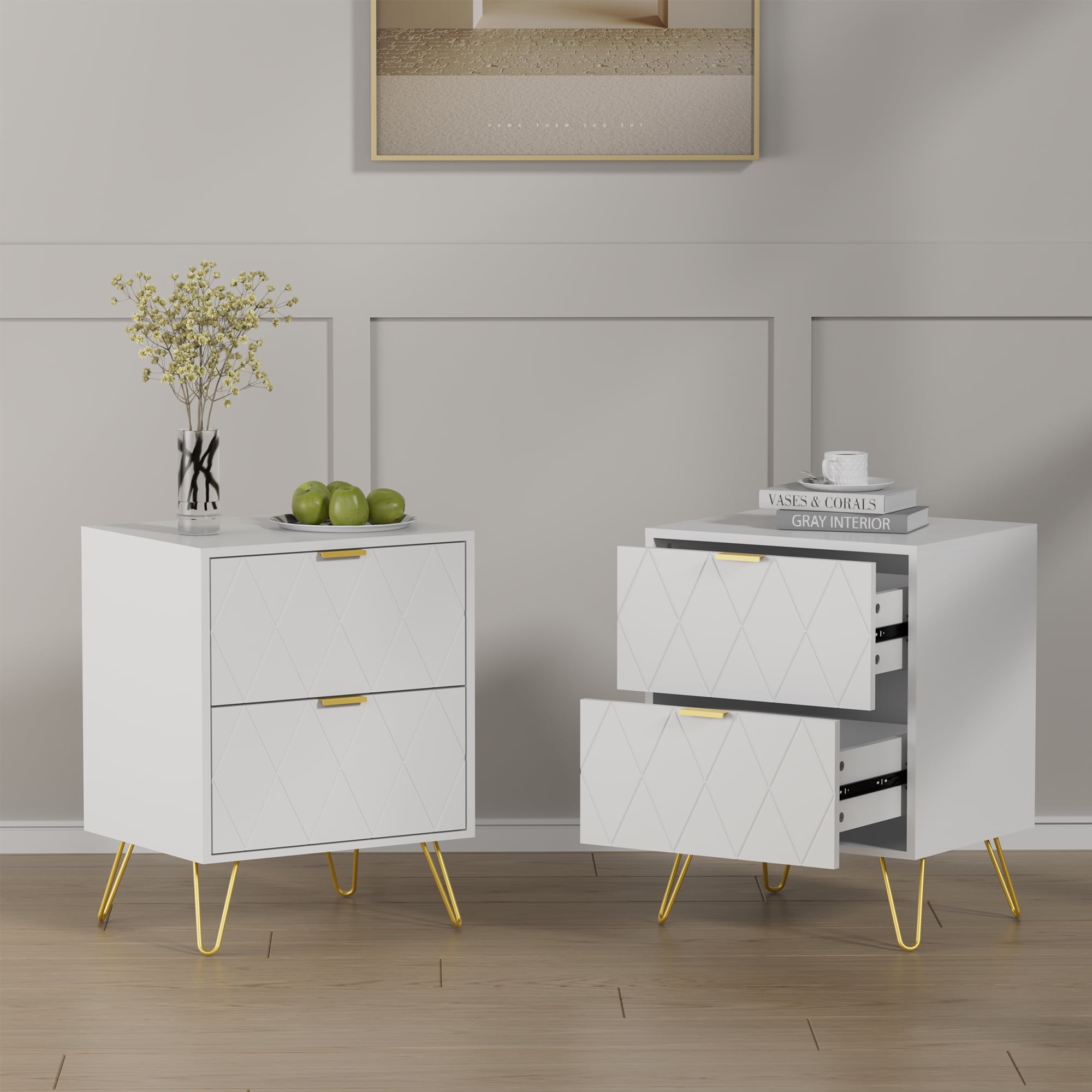 Eclife Set of 2 White Modern Nightstand Bedside Table with Gold Handle