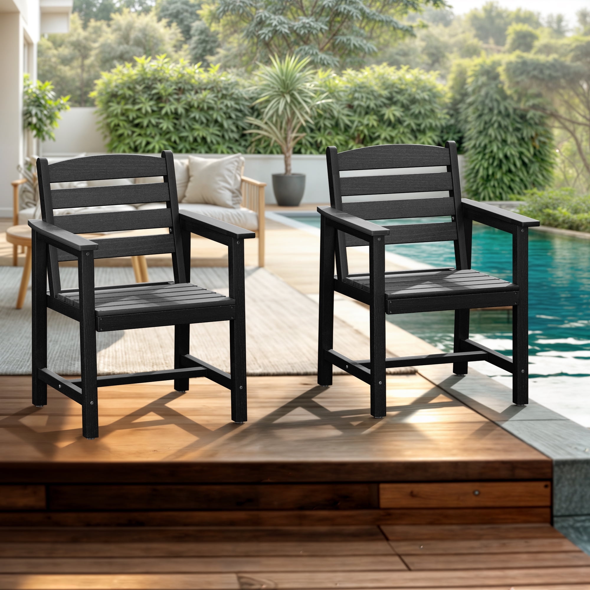 Eclife Set of 2 outdoor patio dining chairs Plastic Plywood Weather Resistant for Balcony Deck Pool Lawn Garden Backyard, Black