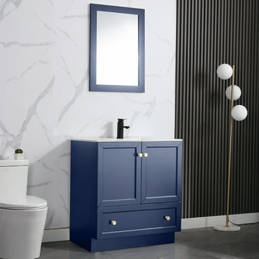 Eclife Solid Wood 30" Bathroom Vanity Cabinet with Ceramic Undermount Sink Top, Matt Blue Paint