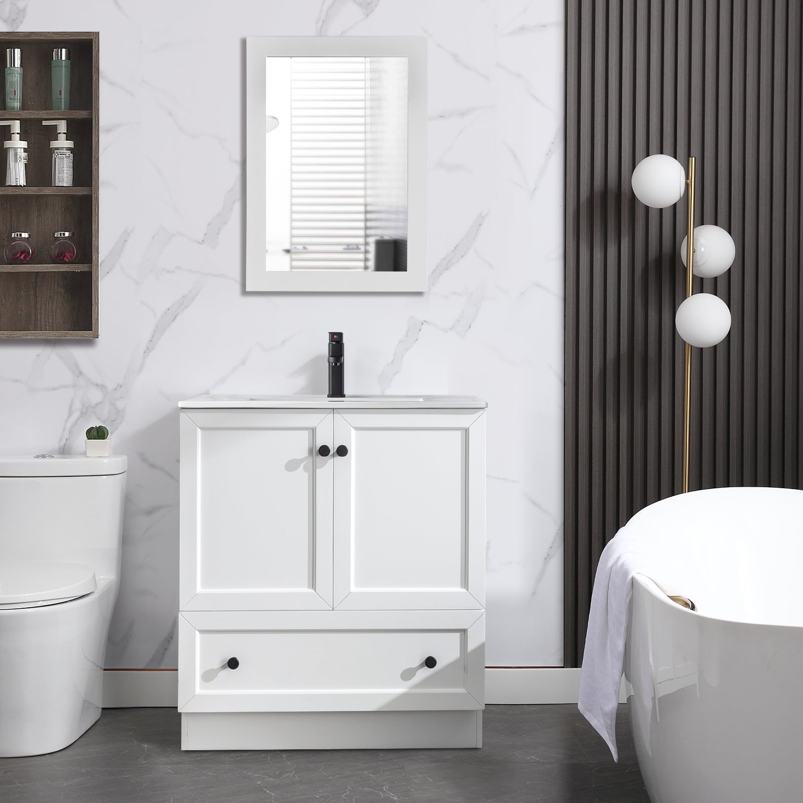 Eclife Solid Wood 30" Bathroom Vanity with Ceramic Undermount Sink Top, Matt White Paint