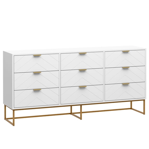 Eclife Wood 9-Drawers Dressers, Herringbone Texture Chest of Drawers TV Stand for Adult Bedroom, White