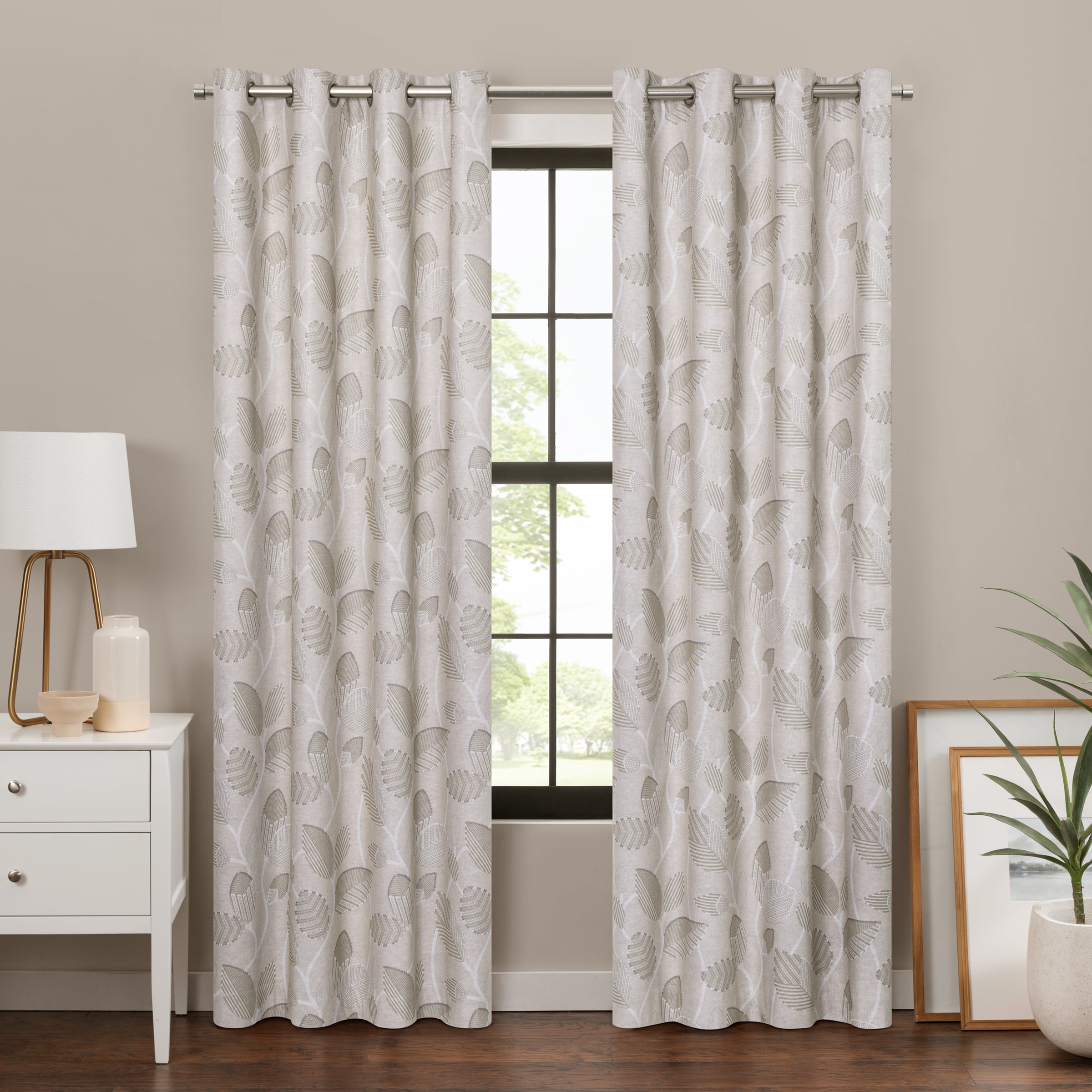 Linen Blackout Grommet Curtain Panel with Leaf Print, 63" x 50"