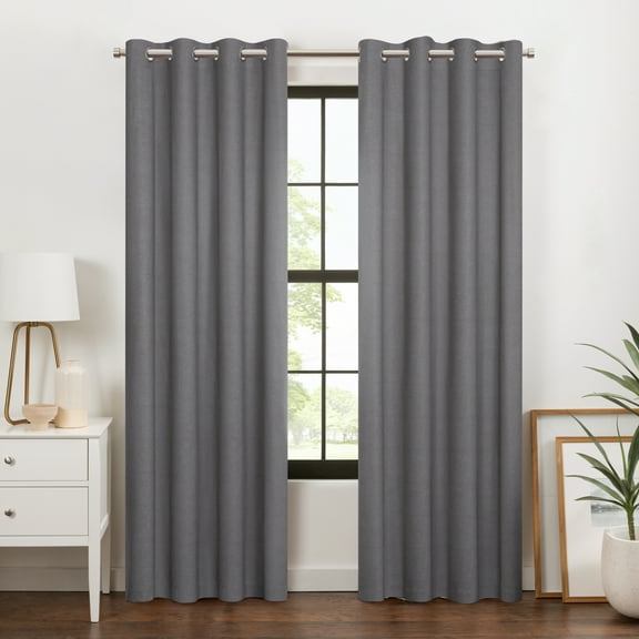 Eclipse 100% Blackout Curtain, Larissa Solid Grommet Curtain, 63 in Long x 50 in Wide, Textured, Dark Grey