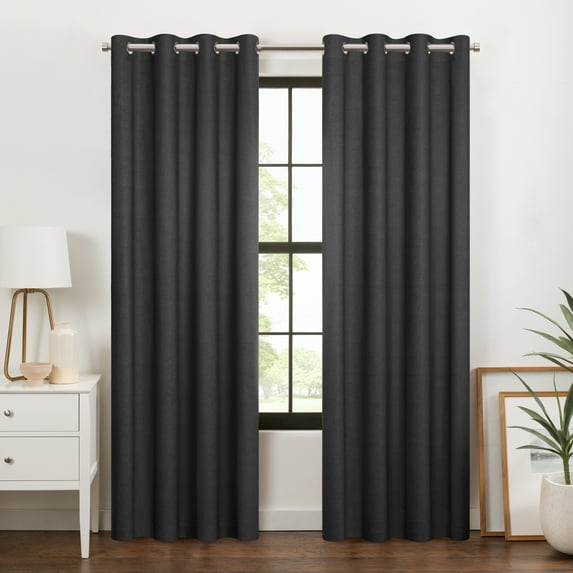 Eclipse 100% Blackout Curtain, Larissa Solid Grommet Curtain, 95 in Long x 50 in Wide, Textured, Onyx Black