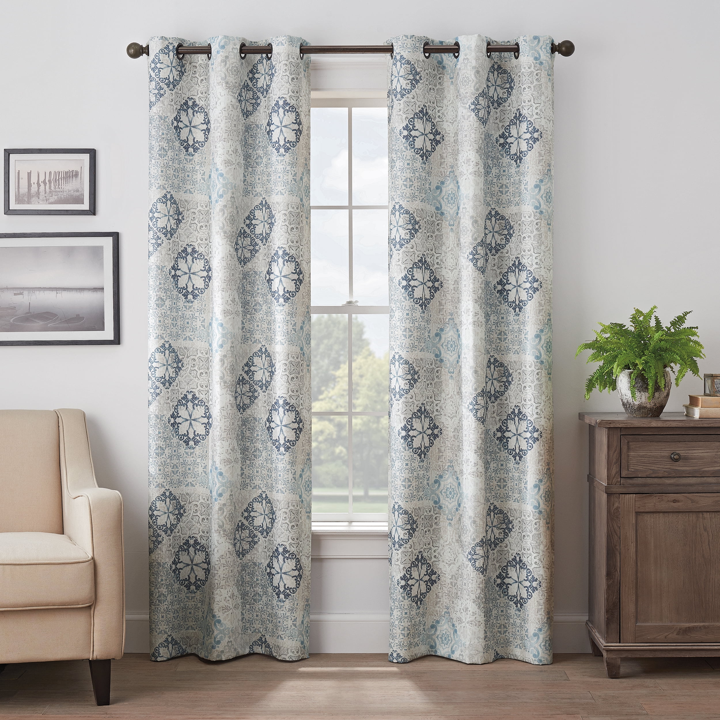 Blue Polyester Blackout Grommet Window Curtain Panel