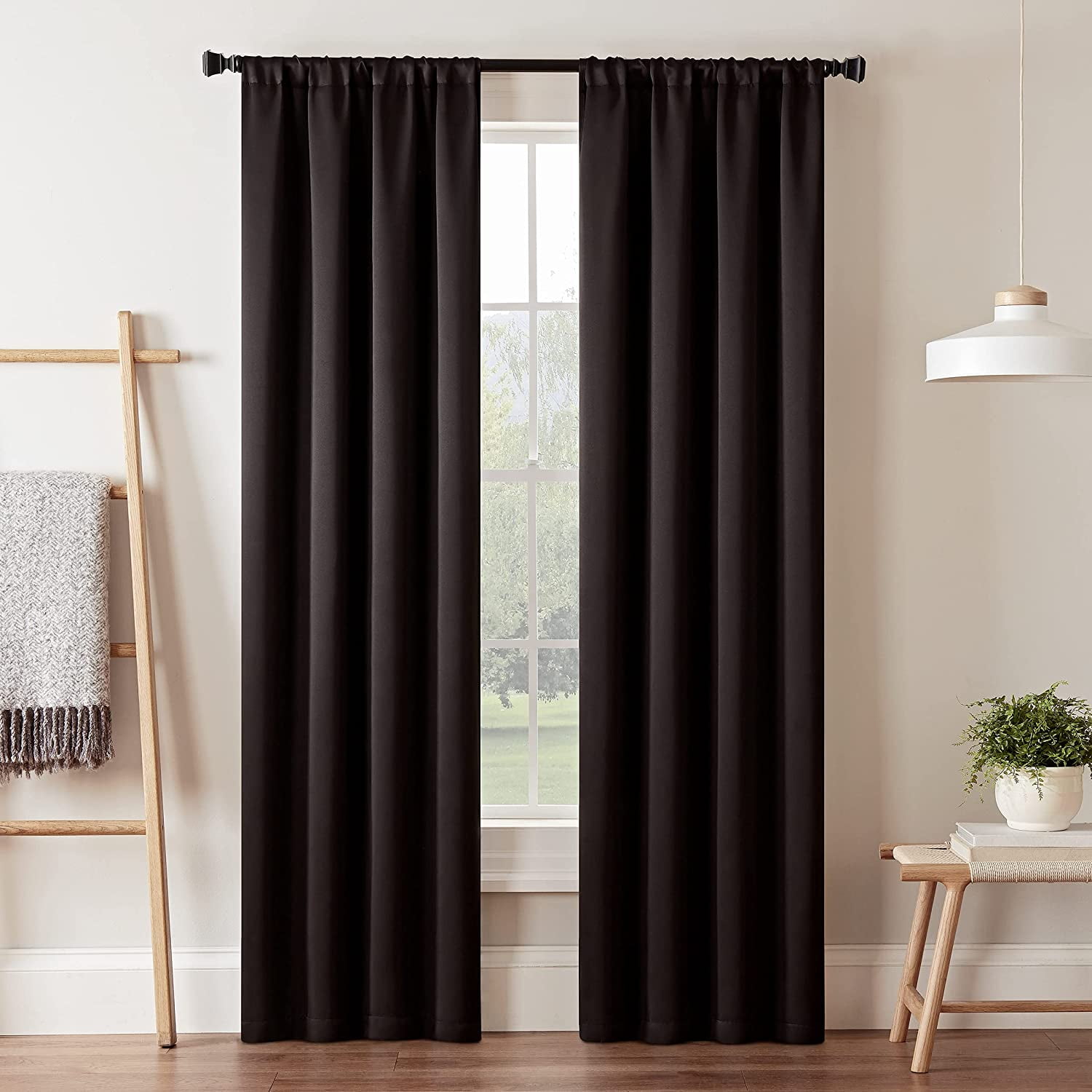 Black Polyester Blackout Rod Pocket Curtain Panel, 37x63