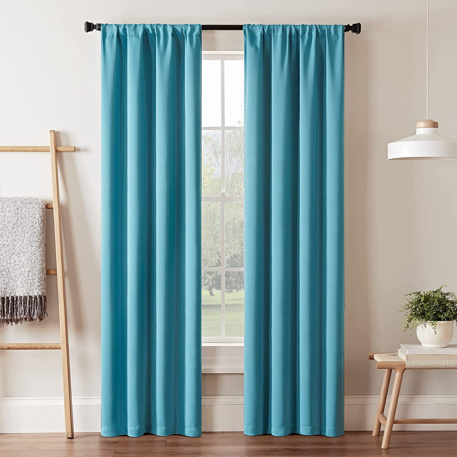 Sky Blue Blackout Rod Pocket Polyester Curtain Panel, 37x95