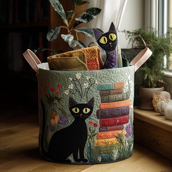 Eclipse Cat Quilted Laundry Basket, Moonlit Black Cat Storage Basket for Clothes