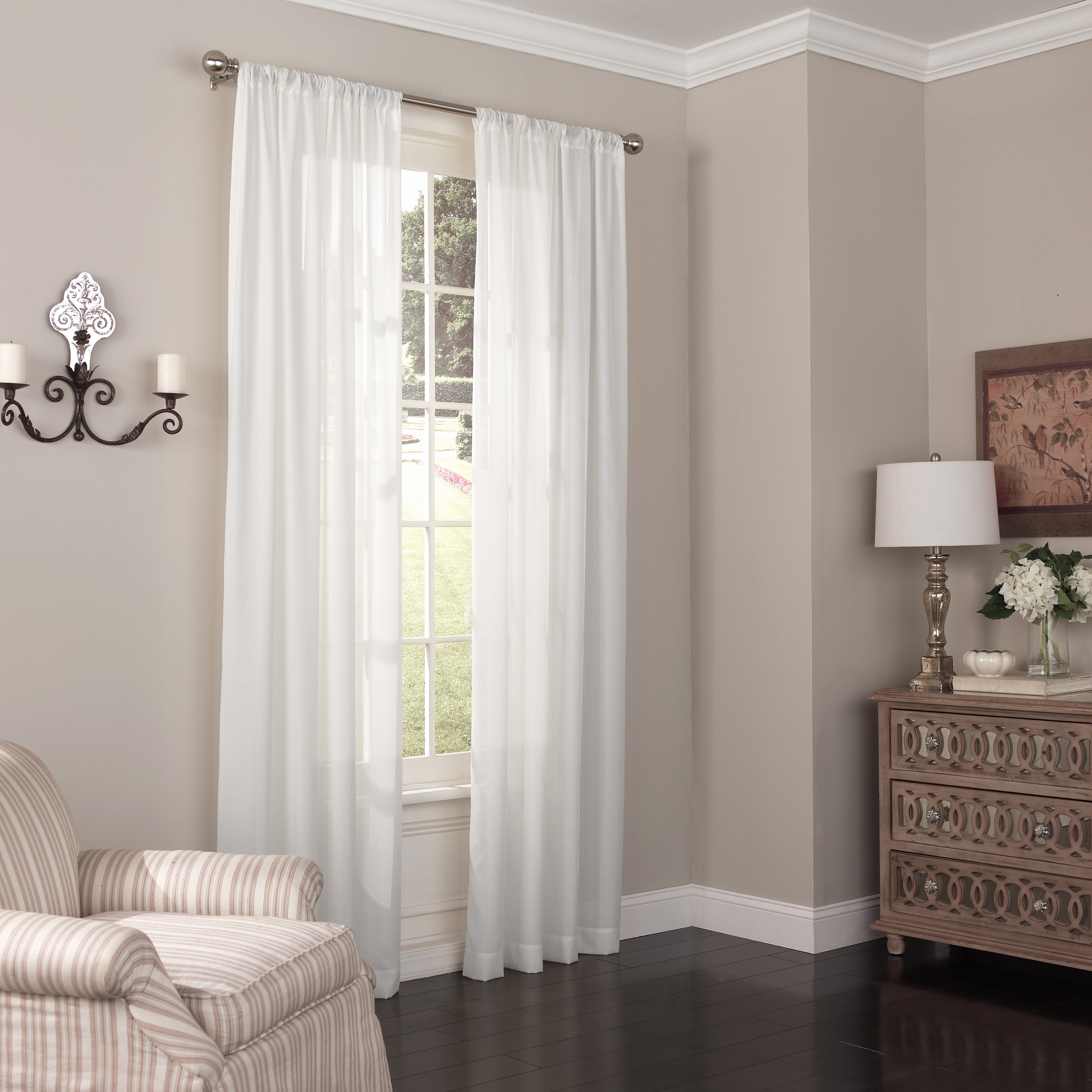 White Semi-Sheer Polyester Rod Pocket Window Curtain Panel