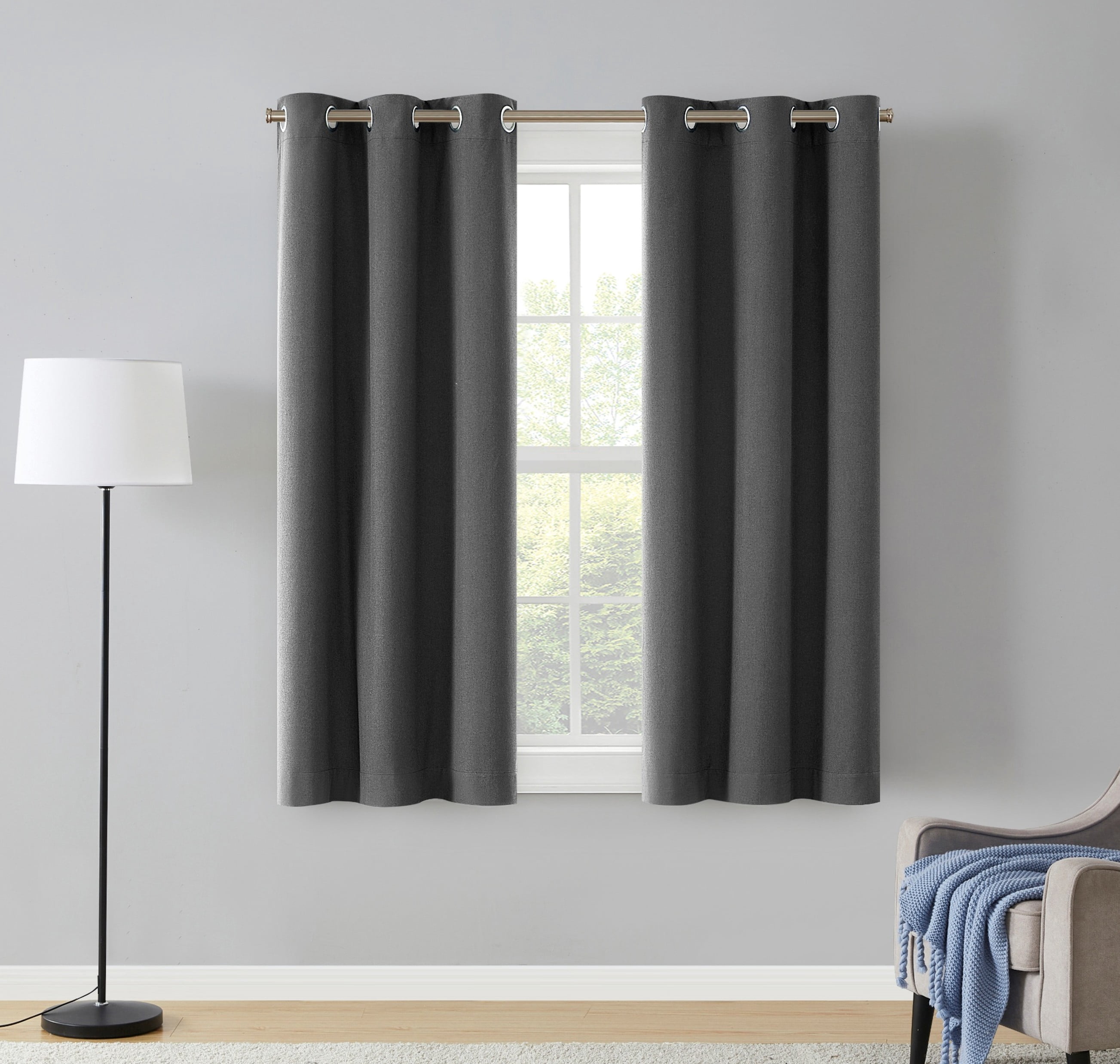 Eclipse Corte Solid Blackout Curtains, Set of 2, 63 Inch Long Blackout Curtains, 37" W x 63" L, Grey