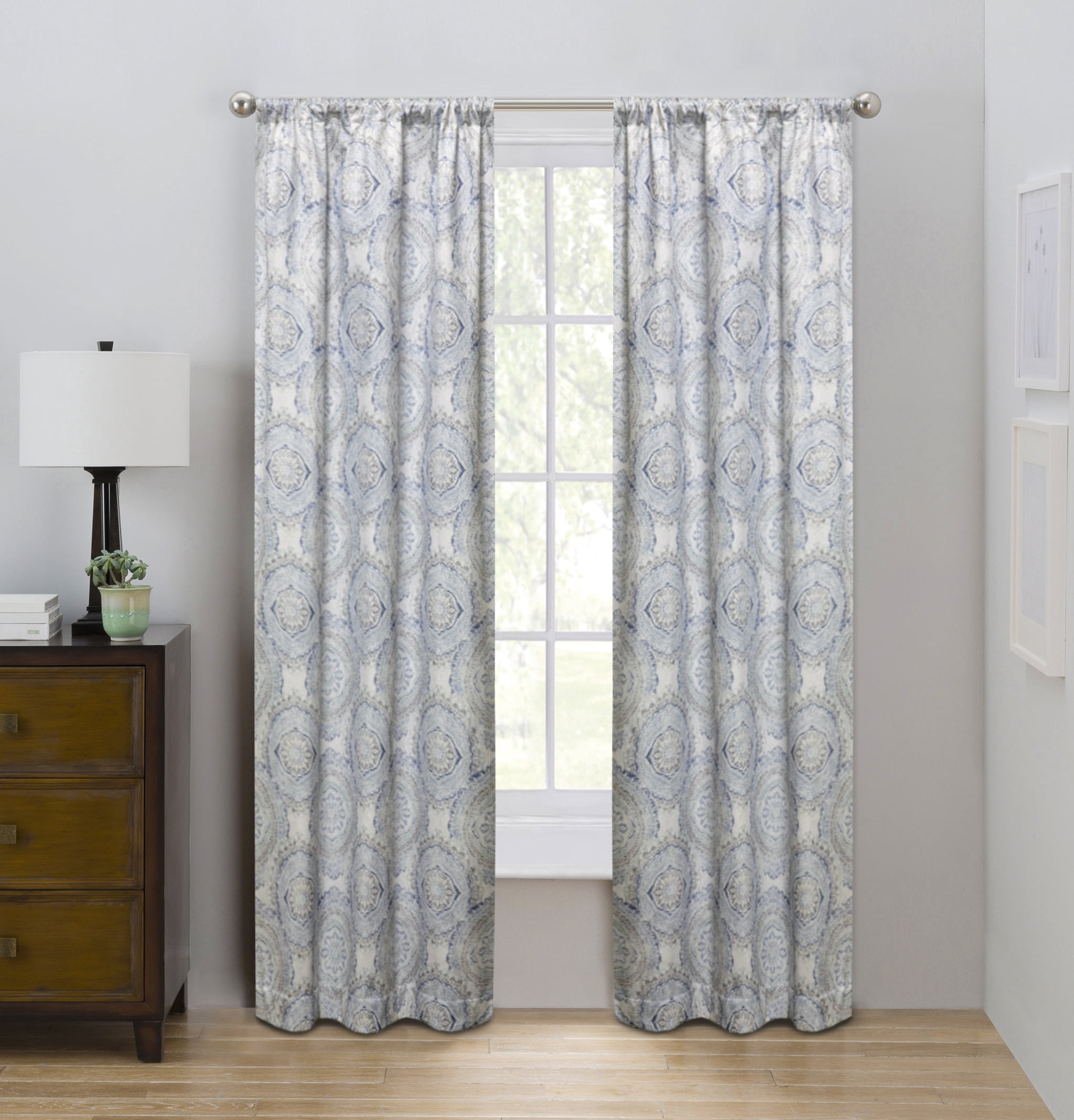 Eclipse Draft Stopper Room Darkening Fleece Lined Rod Pocket, Single Curtain Panel, Blue Medallion, 42" W x 84" L