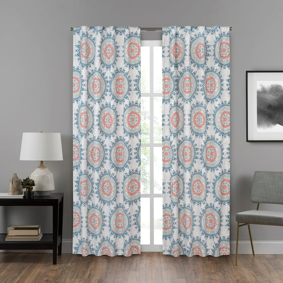 Eclipse Draft Stopper Room Darkening Fleece Lined Rod Pocket, Single Curtain Panel, Blue Medallion, 40" W x 95" L