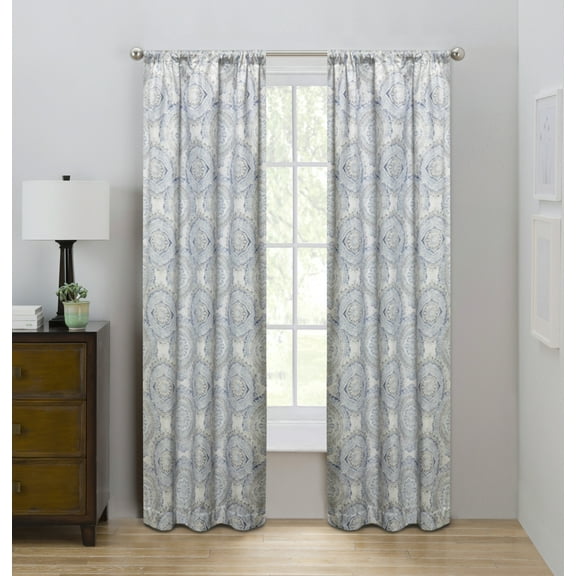 Eclipse Draft Stopper Room Darkening Fleece Lined Rod Pocket, Single Curtain Panel, Blue Medallion, 42" W x 84" L