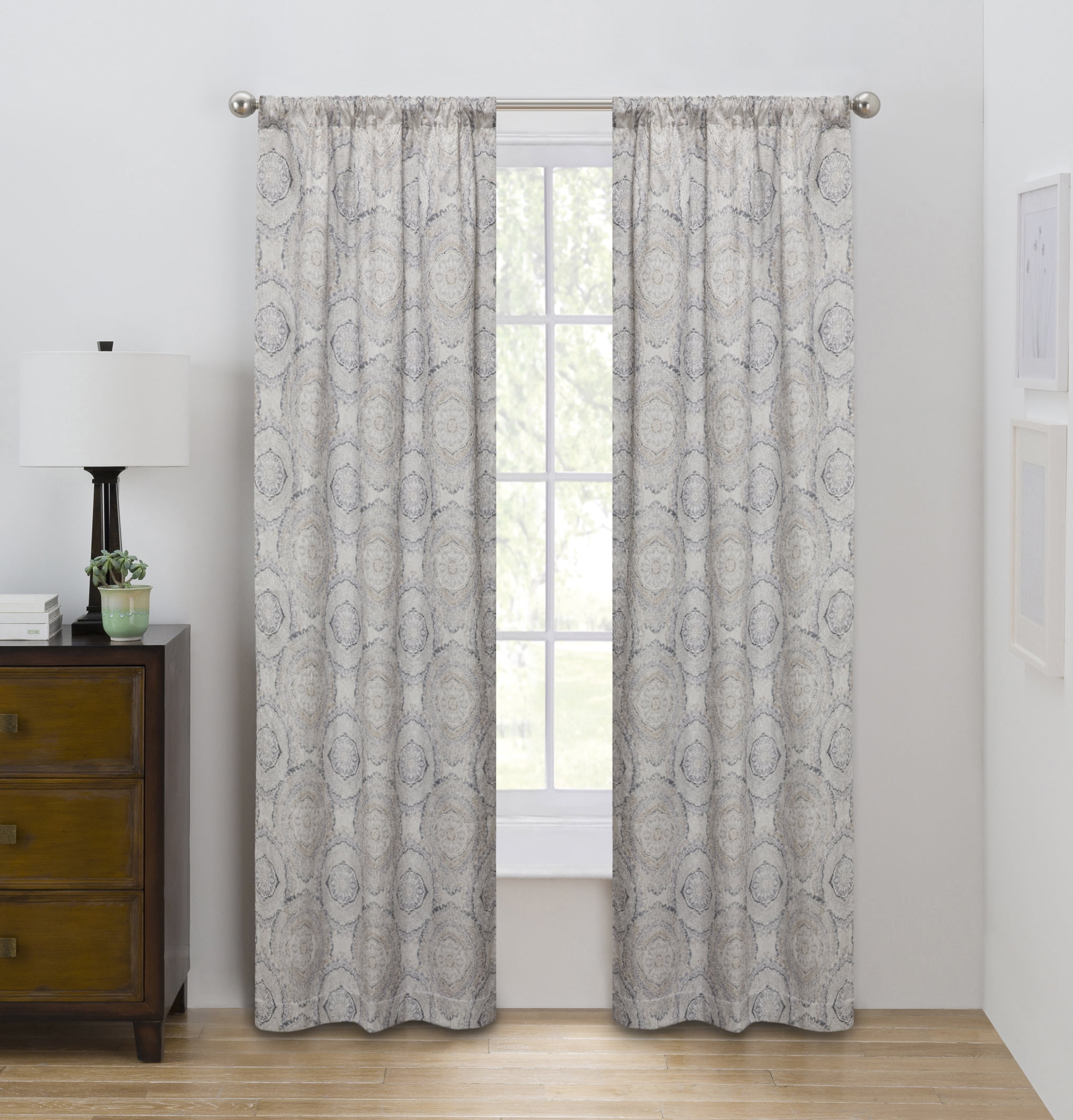 Eclipse Draft Stopper Room Darkening Fleece Lined Rod Pocket, Single Curtain Panel, Charcoal Medallion, 42" W x 84" L