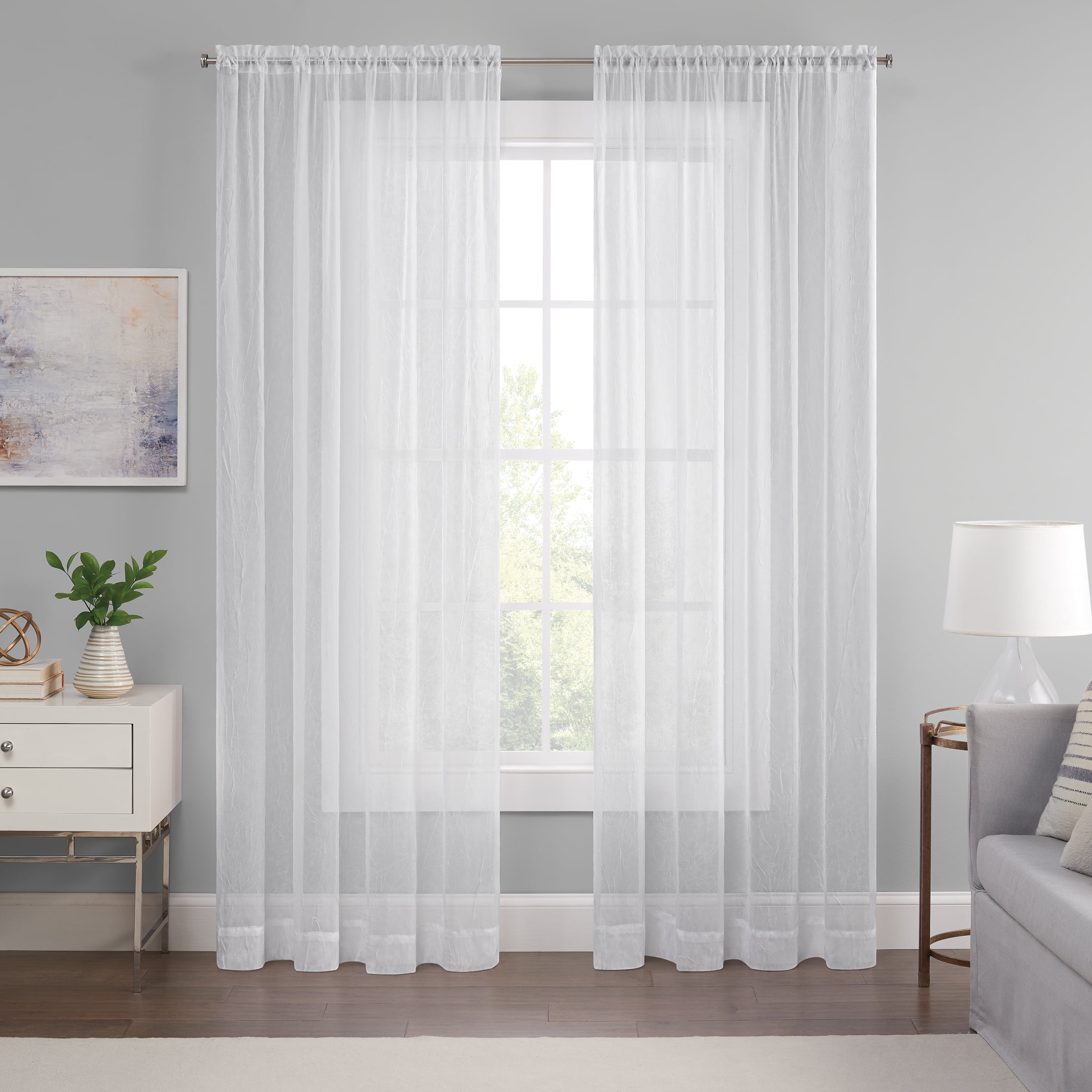 White Crushed Sheer Voile Rod Pocket Window Curtain Panel, 52 x 84