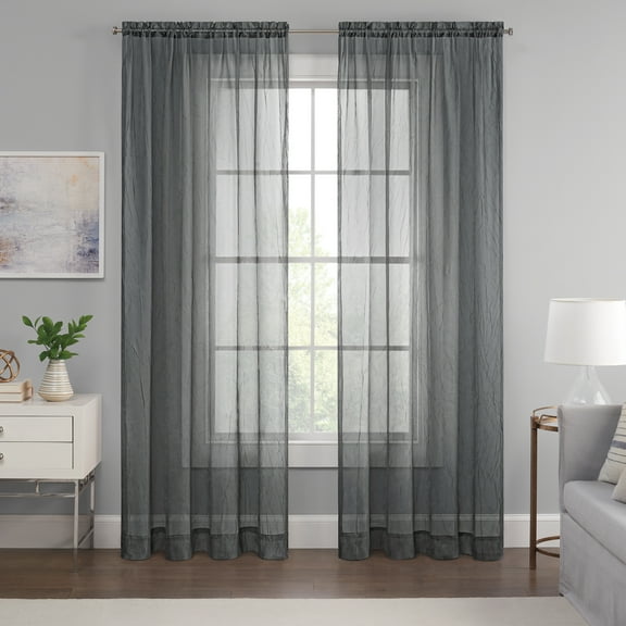 Eclipse Emina Crushed Sheer Voile Window Curtain Panel, Rod Pocket, 1 Panel, 52 In Wide x 95 In Long, Grey