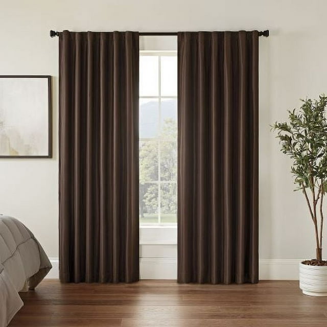 Eclipse Fresno Solid Color Room Darkening Rod Pocket Back Tab Window Curtain Panel, Brown, 52x95